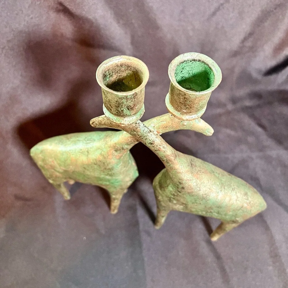 Vintage Verdigris‎ Metal Giraffe Candleholders Pair Indonesia Mid Century Modern